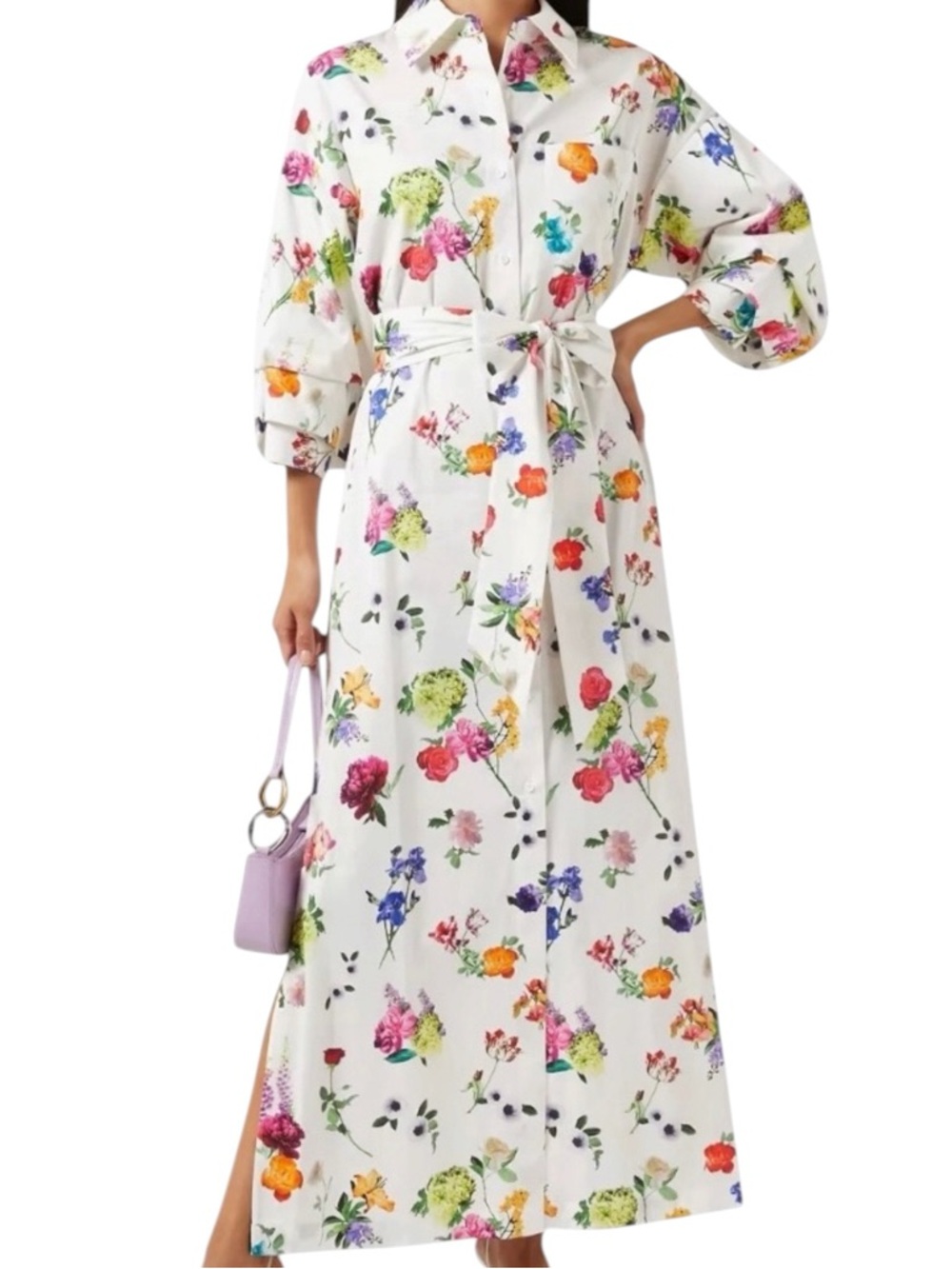 Alice + Olivia Tanika Cotton Floral Pleated Elbow Sleeves Button-Up Maxi Dress